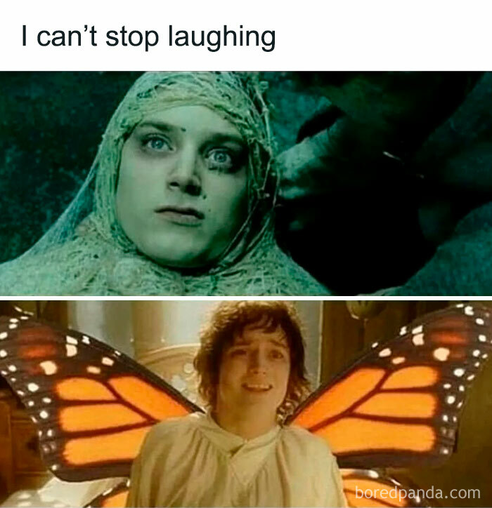 Two scenes from Lord of the Rings movies used in a humorous meme with text about laughing nonstop.