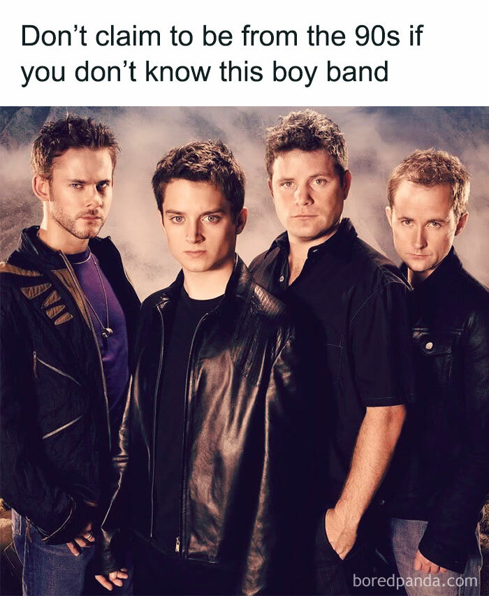Image of four men from Lord of the Rings posing as a 90s boy band for hilarious Lord of the Rings memes.