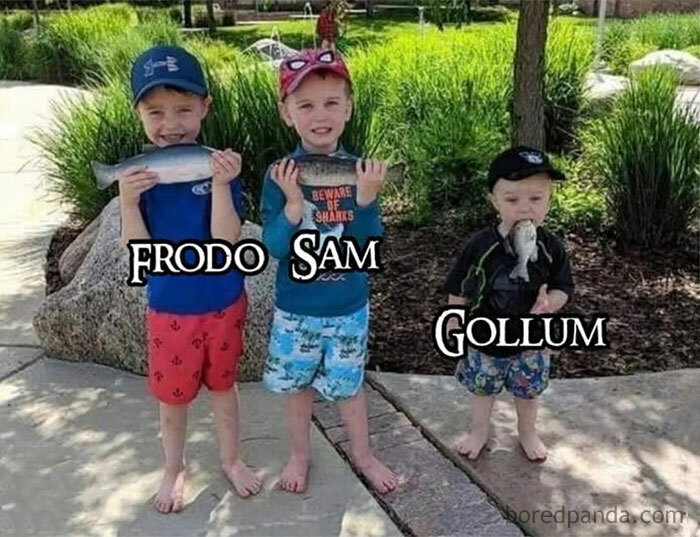 Three kids standing outdoors holding fish labeled Frodo, Sam, and Gollum in a humorous Lord of the Rings meme.