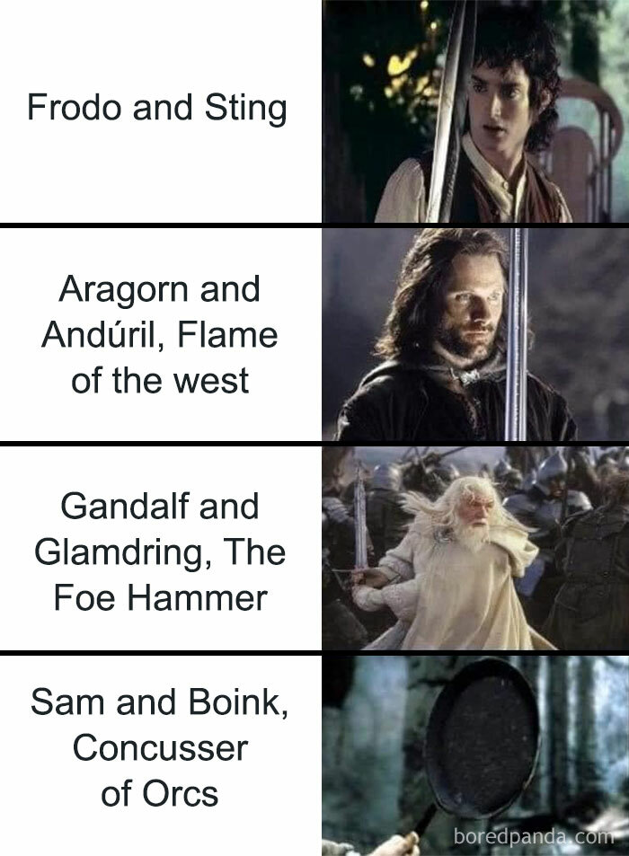 Memes showing Lord of the Rings characters with their iconic swords and humorous weapon names.