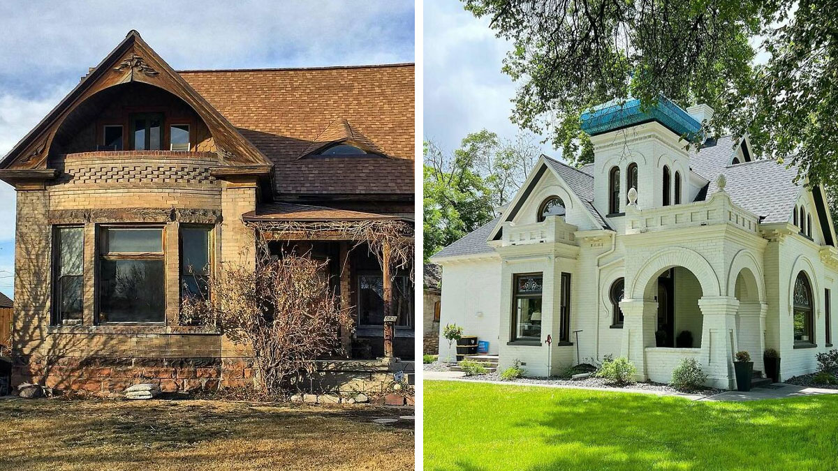 Side-by-side images of charming old homes showcasing unique architectural details and lovely exteriors in different seasons.