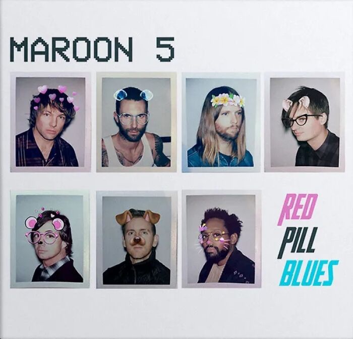 Maroon 5 album cover with playful filters on band members, an example of visually criticized album covers.
