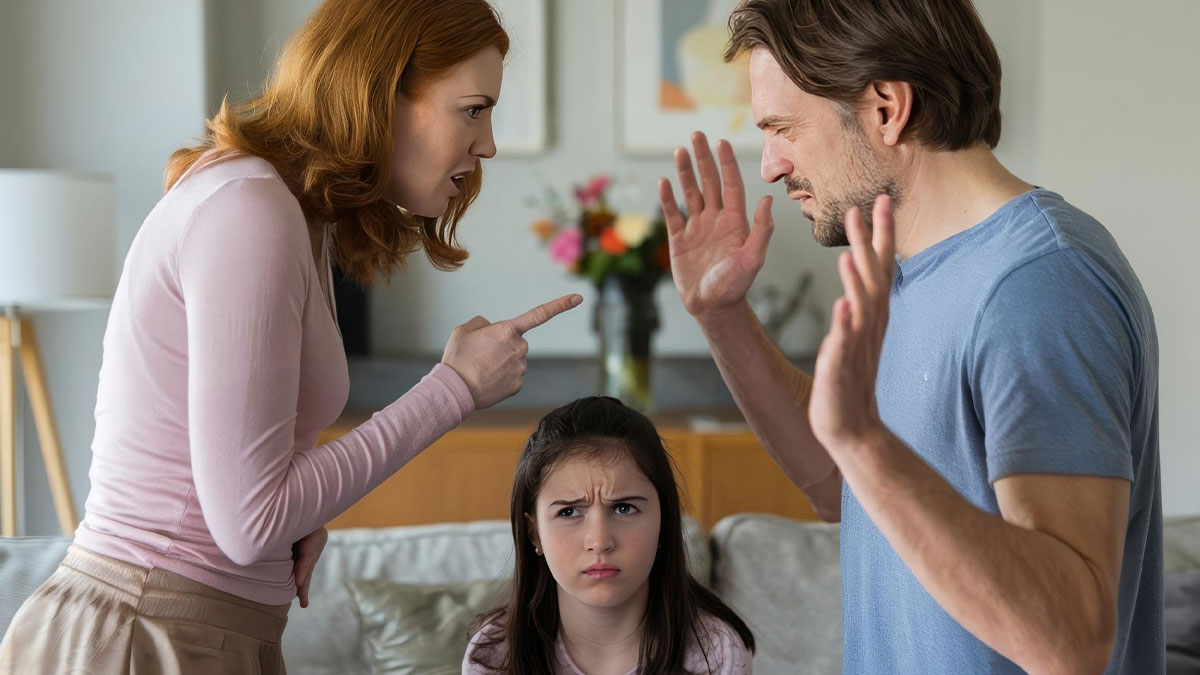 Couple arguing while their upset child watches, illustrating challenges in marriage kids stepkids relationship dynamics.