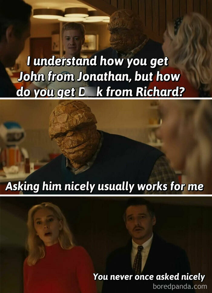 Scene from Marvel with characters discussing names, featuring humorous Marvel memes about asking nicely and nicknames.