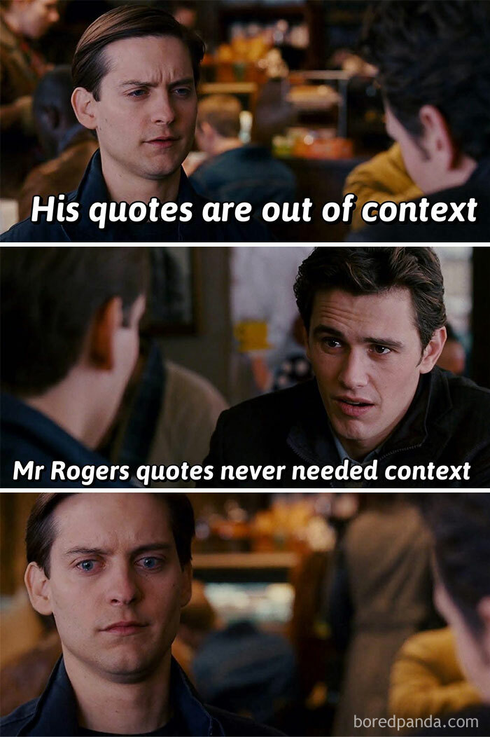 Scene from a Marvel meme showing Spider-Man characters debating quotes and context in a humorous way.