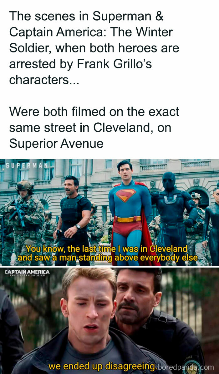 Marvel memes showing scenes from Superman and Captain America filmed on the same street in Cleveland with a humorous caption.