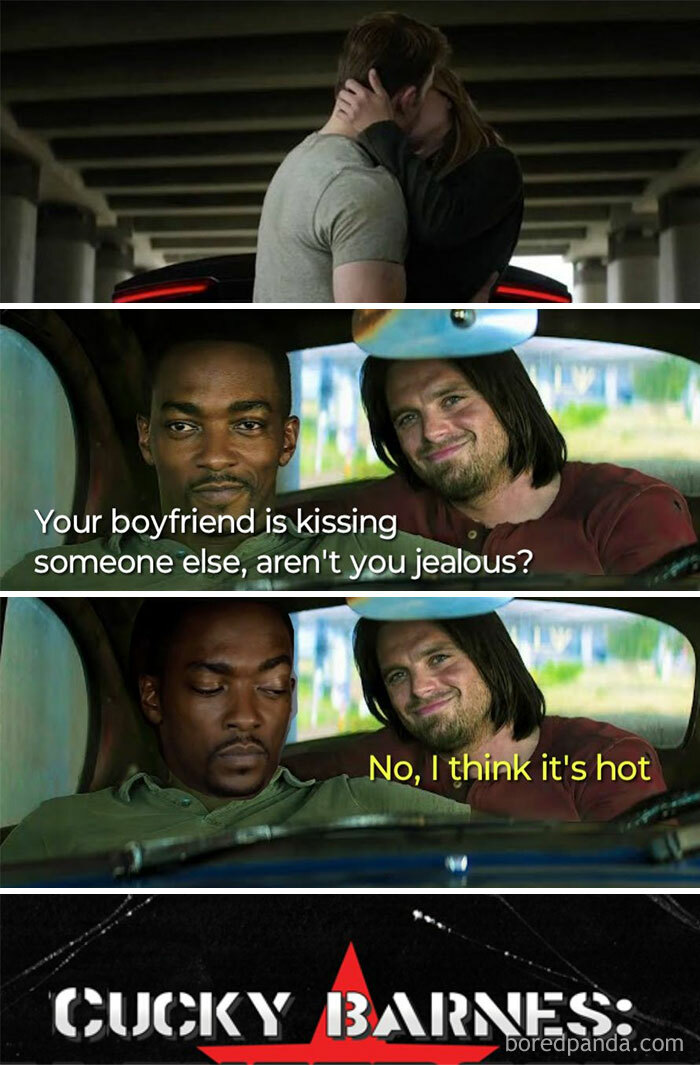Marvel meme featuring characters Bucky Barnes and Sam Wilson with a humorous jealous boyfriend dialogue.