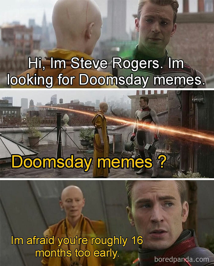 Steve Rogers and a monk having a conversation in a meme, showcasing hilarious Marvel memes and Doomsday references.