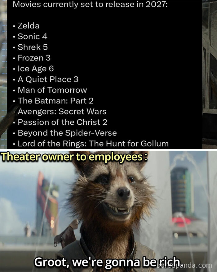 List of movies releasing in 2027 includes Marvel Avengers Secret Wars with Rocket Raccoon saying Groot we're gonna be rich.