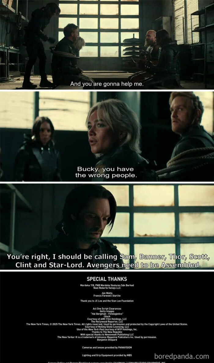 Scene from Marvel movie featuring characters discussing Avengers assembling, used in hilarious Marvel memes about teamwork and heroes.