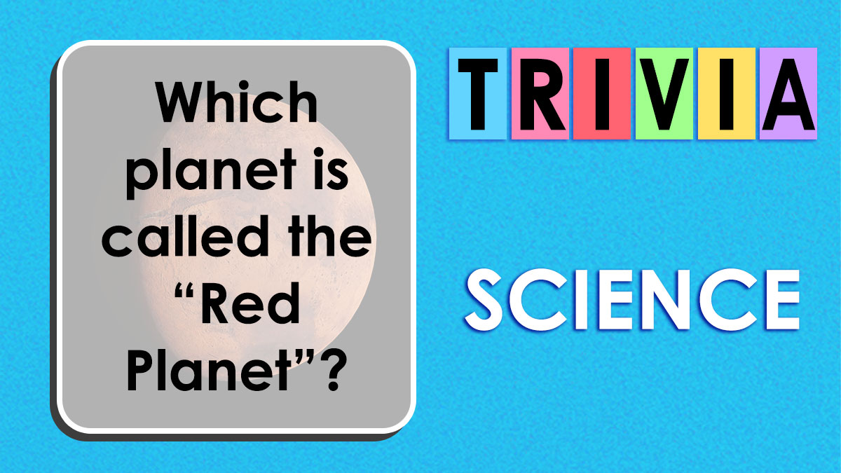Science quiz trivia card asking which planet is called the Red Planet on a blue background.