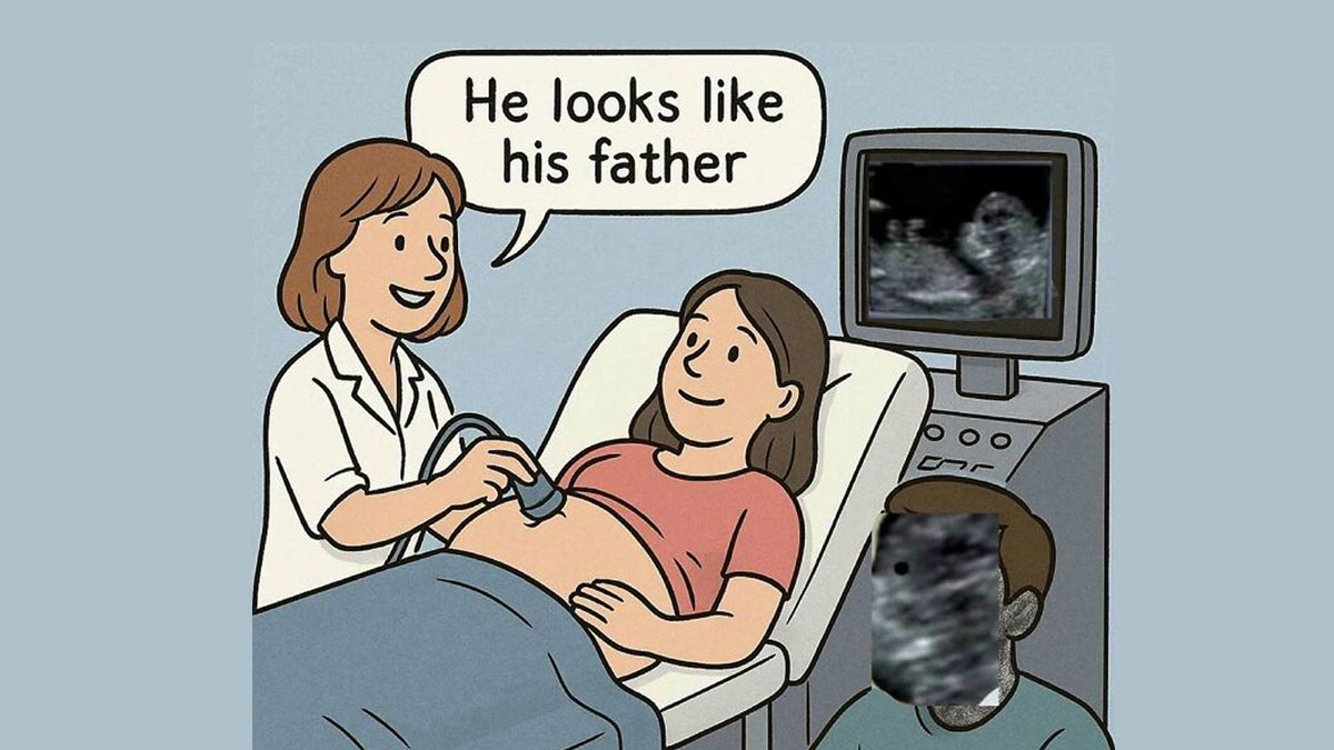 Ultrasound scene with doctor and pregnant woman showing humor in the struggle of working in medicine memes.