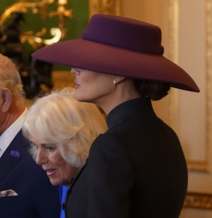 Melania Trump in a large purple hat and black outfit at a formal UK event, capturing attention and sparking outfit discussion. Melania Trump in a large purple hat and black outfit at a formal UK event, capturing attention and sparking outfit discussion.