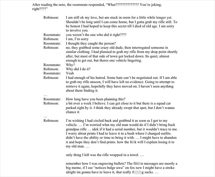 Transcript of a note showing Tyler Robinson’s messages discussing plans with a roommate before appearing in court. Transcript of a note showing Tyler Robinson’s messages discussing plans with a roommate before appearing in court.