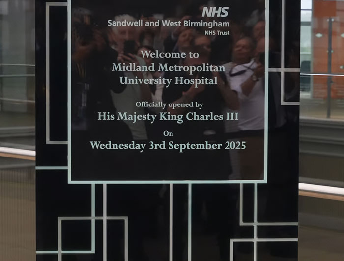 Plaque at Midland Metropolitan University Hospital showing official opening by King Charles with a focus on emotional cancer update. Plaque at Midland Metropolitan University Hospital showing official opening by King Charles with a focus on emotional cancer update.