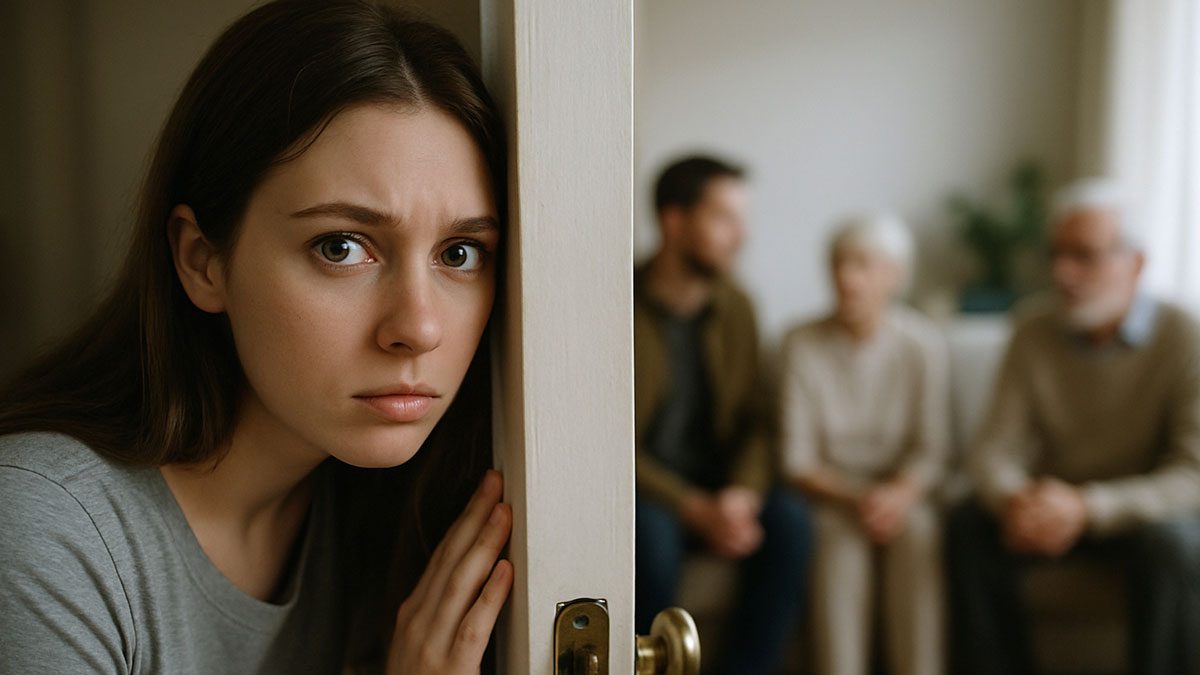 Worried bride-to-be peeking from door while future mother-in-law and others talk in blurred background.