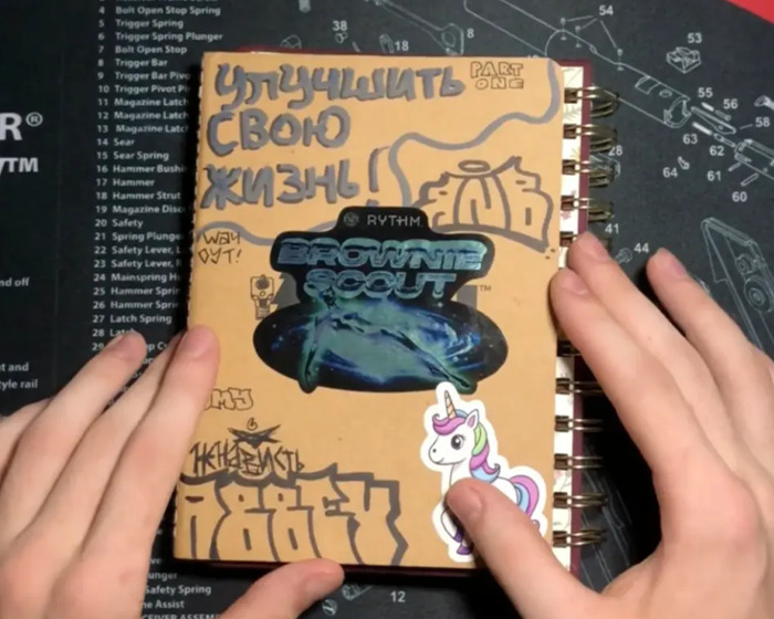 Hands holding a journal with stickers and drawings, related to Minneapolis suspect furry girlfriend and disturbing entries. Hands holding a journal with stickers and drawings, related to Minneapolis suspect furry girlfriend and disturbing entries.