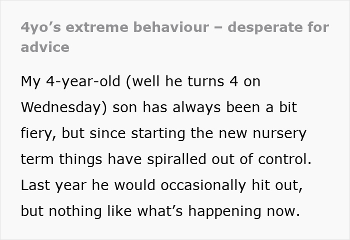 Alt text: 4-year-old boy showing extreme behaviour after starting nursery, worried mother seeking advice on uncontrollable son. Alt text: 4-year-old boy showing extreme behaviour after starting nursery, worried mother seeking advice on uncontrollable son.