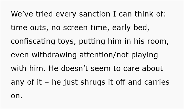 Text excerpt showing a mother describing unsuccessfully managing her 4-year-old son's uncontrollable behavior after joining nursery. Text excerpt showing a mother describing unsuccessfully managing her 4-year-old son's uncontrollable behavior after joining nursery.