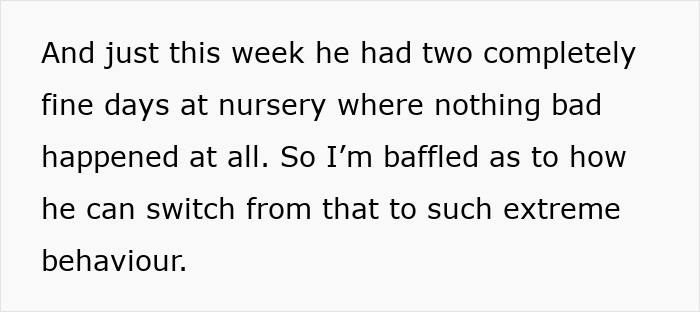 Text excerpt about a 4-year-old boy showing extreme behavior changes after joining nursery, with a mom seeking advice. Text excerpt about a 4-year-old boy showing extreme behavior changes after joining nursery, with a mom seeking advice.