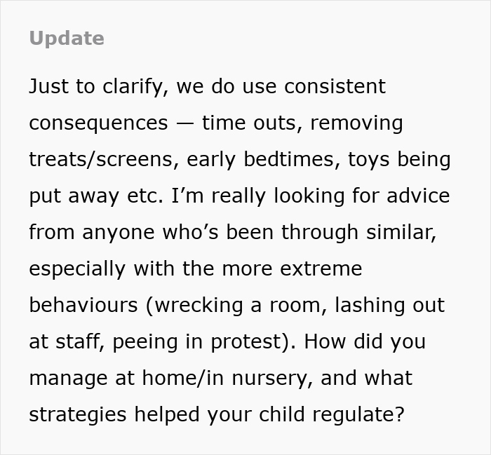 Text showing a parent seeking advice on managing uncontrollable behaviors of a 4-year-old after joining nursery. Text showing a parent seeking advice on managing uncontrollable behaviors of a 4-year-old after joining nursery.