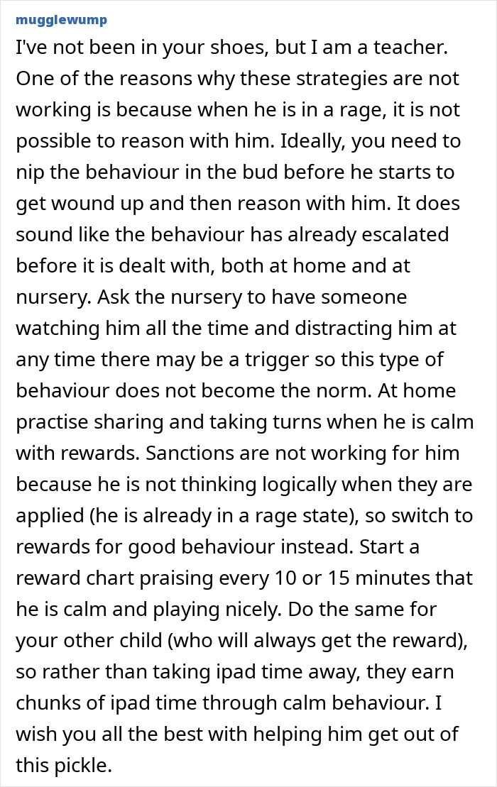Commenter sharing advice on managing out of control 4-year-old son’s behavior after joining nursery. Commenter sharing advice on managing out of control 4-year-old son’s behavior after joining nursery.