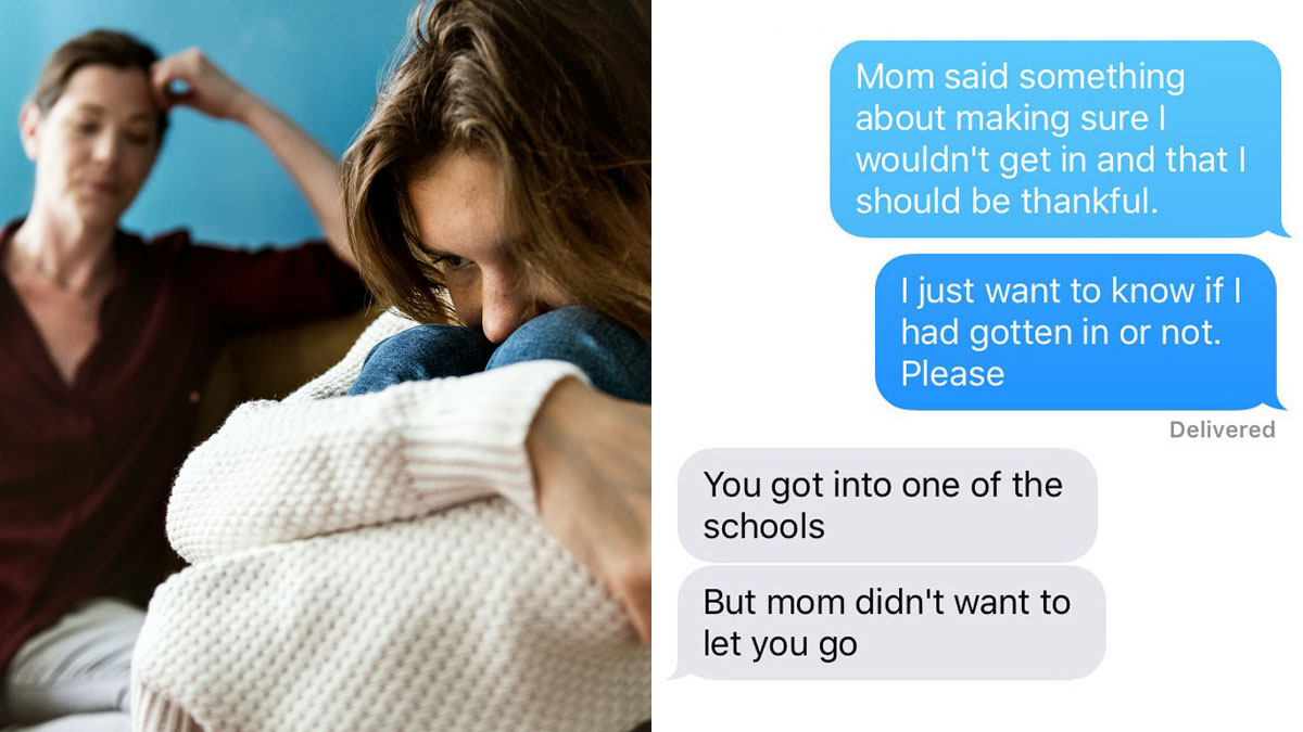 Woman hugging knees looking upset in living room while texting about why she never got to study abroad.