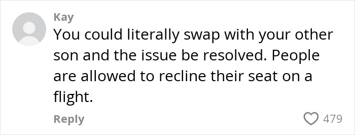 Comment from Kay discussing allowing reclining plane seats during flights in a viral annoyed mom debate. Comment from Kay discussing allowing reclining plane seats during flights in a viral annoyed mom debate.