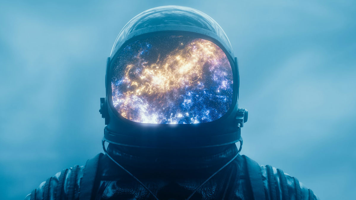 Astronaut helmet reflecting a colorful galaxy, illustrating unbelievable things that were actually true in space.
