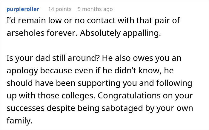 Screenshot of an online comment discussing a mom hiding college acceptance letters from her least favorite kid. Screenshot of an online comment discussing a mom hiding college acceptance letters from her least favorite kid.