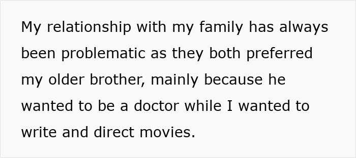 Text about a problematic family relationship with parents favoring older brother over the kid pursuing writing and directing. Text about a problematic family relationship with parents favoring older brother over the kid pursuing writing and directing.