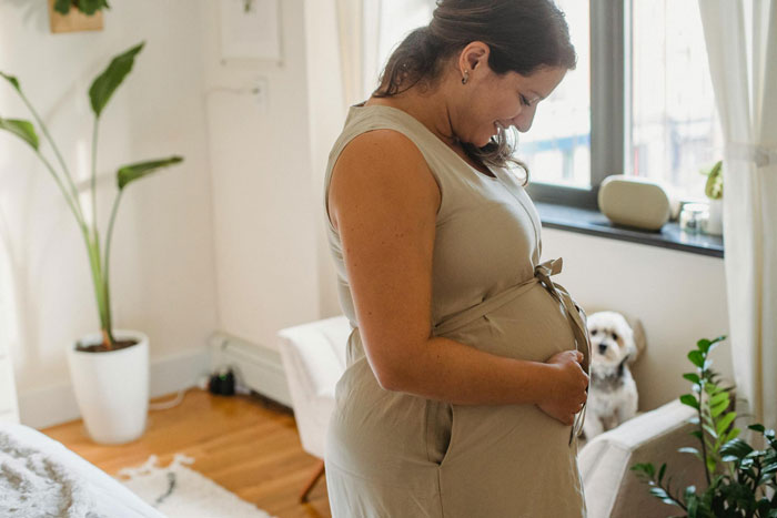 Pregnant woman in casual dress smiling and holding belly at home, highlighting adult kids expected to help out. Pregnant woman in casual dress smiling and holding belly at home, highlighting adult kids expected to help out.