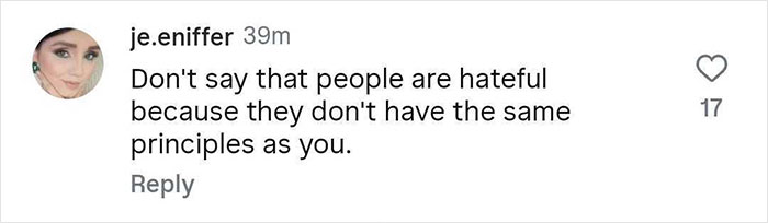 Comment from a user disagreeing with calling people hateful over differing principles in Amanda Seyfried Charlie Kirk controversy. Comment from a user disagreeing with calling people hateful over differing principles in Amanda Seyfried Charlie Kirk controversy.