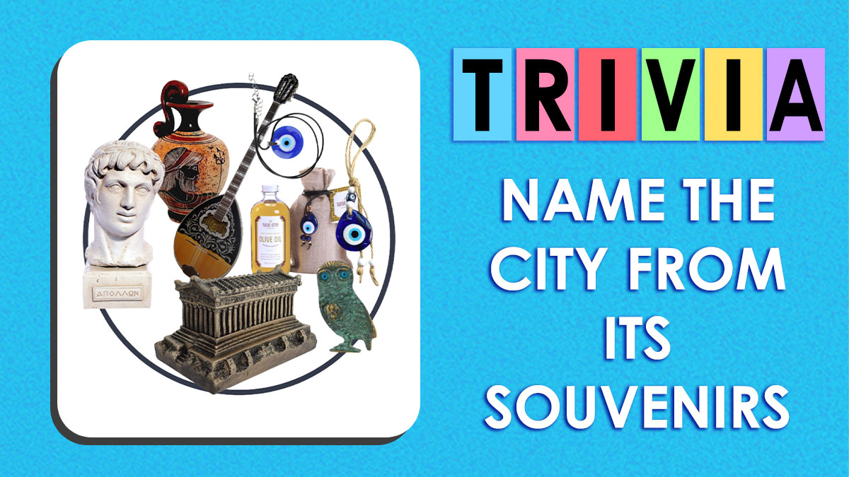 Trivia graphic with souvenirs including a bust, pottery, olive oil, and evil eye charms for city souvenir matching game.
