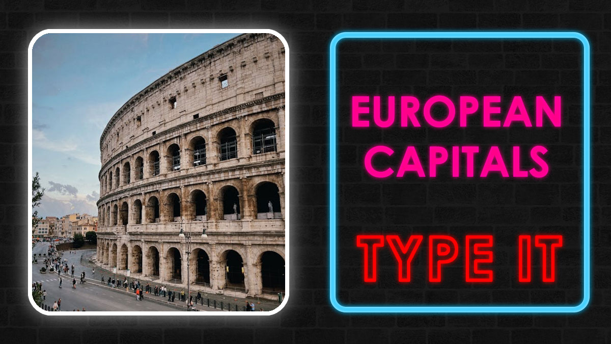 Ancient Colosseum in Rome with neon sign inviting to type European capitals as a knowledge challenge.