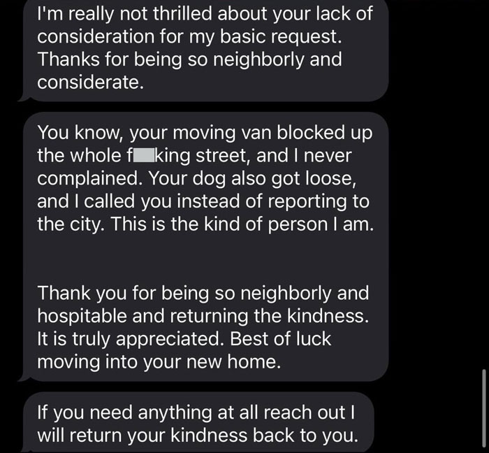 Text message exchange showing a neighbor upset about nanny parking blocking the front of their home. Text message exchange showing a neighbor upset about nanny parking blocking the front of their home.