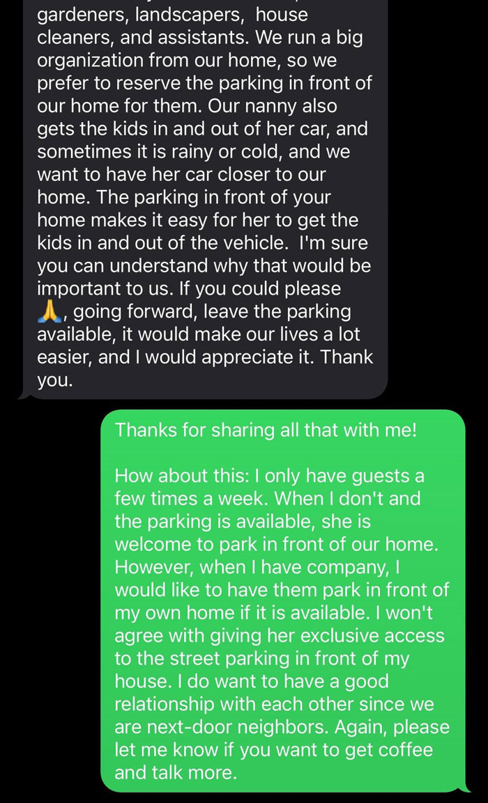 Neighbor upset over nanny parking in front of home discusses sharing street parking with next-door neighbor. Neighbor upset over nanny parking in front of home discusses sharing street parking with next-door neighbor.