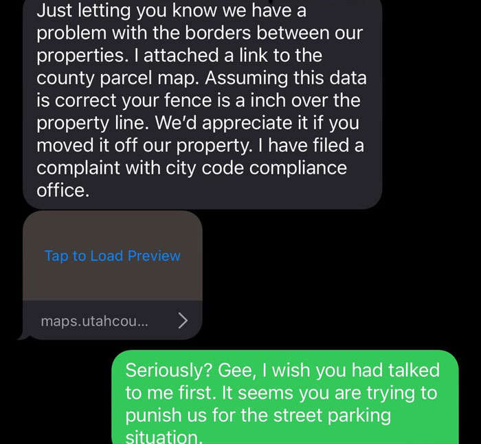 Text message exchange showing neighbor upset about property line and nanny parking in front of home conflict. Text message exchange showing neighbor upset about property line and nanny parking in front of home conflict.