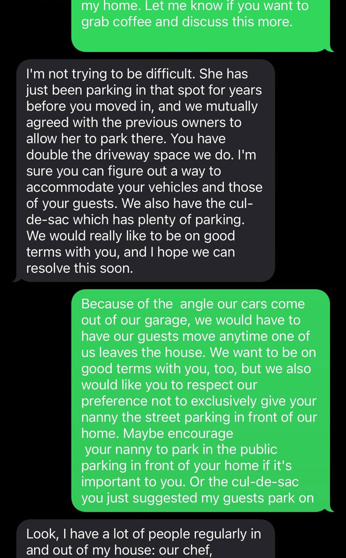 Text message exchange showing neighbors discussing upset nanny parking in front of home and resolving parking space disagreement. Text message exchange showing neighbors discussing upset nanny parking in front of home and resolving parking space disagreement.