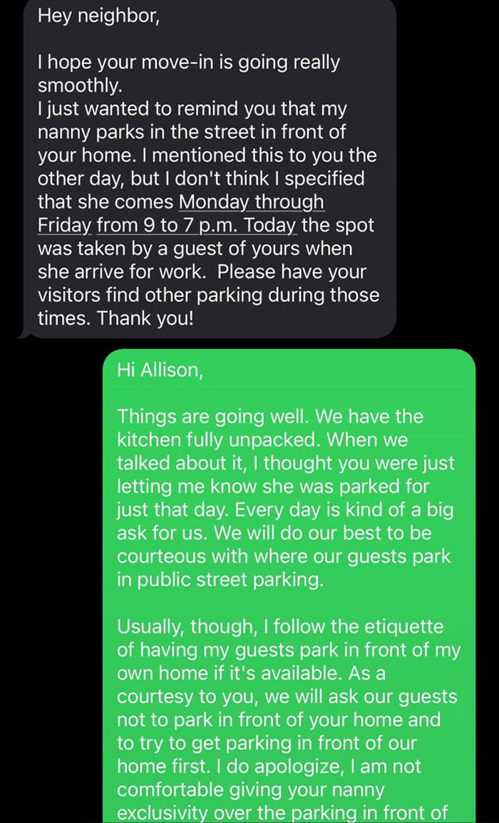 Text message exchange about neighbor upset with nanny parking in front of home, discussing courteous guest parking and street parking rules. Text message exchange about neighbor upset with nanny parking in front of home, discussing courteous guest parking and street parking rules.