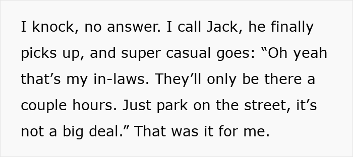 Text excerpt showing a nurse frustrated after a long shift finds neighbor using her driveway without permission again. Text excerpt showing a nurse frustrated after a long shift finds neighbor using her driveway without permission again.