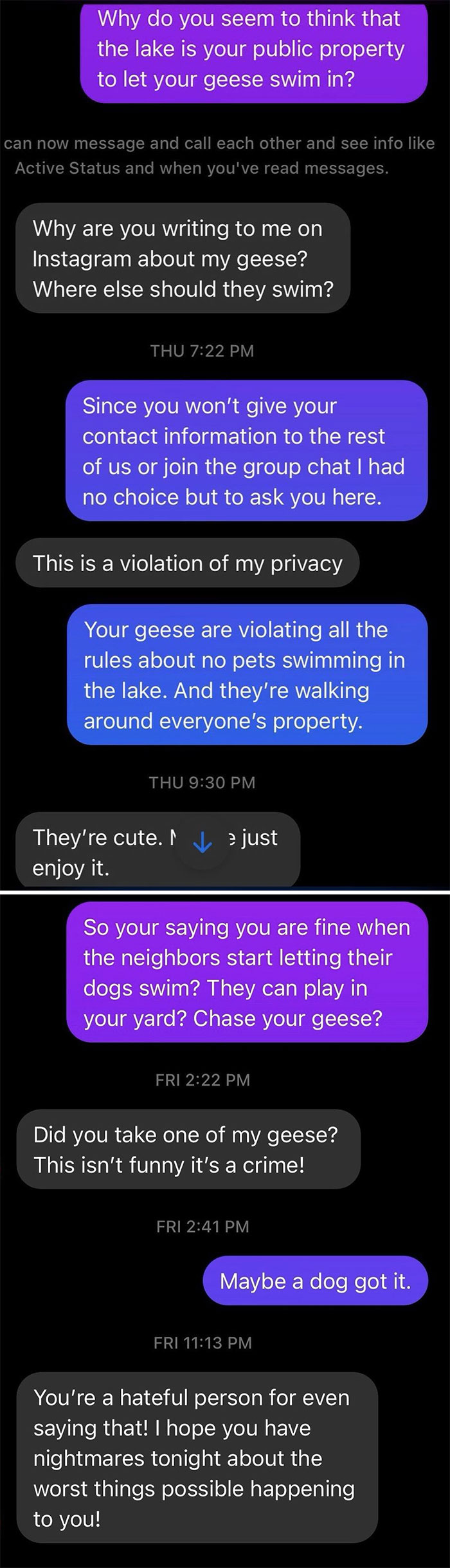 Text message exchange between neighbors arguing about geese swimming in the lake and property rules in an unbearable neighbor dispute.