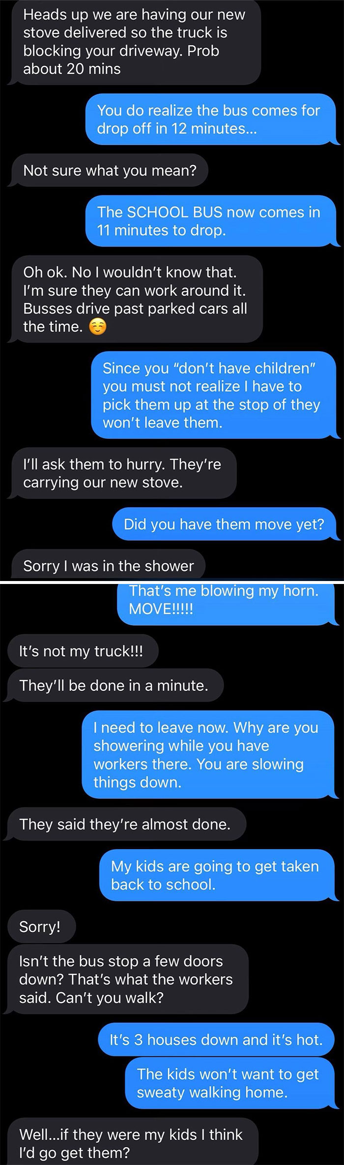 Text message exchange showing an unbearable neighbor blocking driveway during school bus pickup delay conflict.