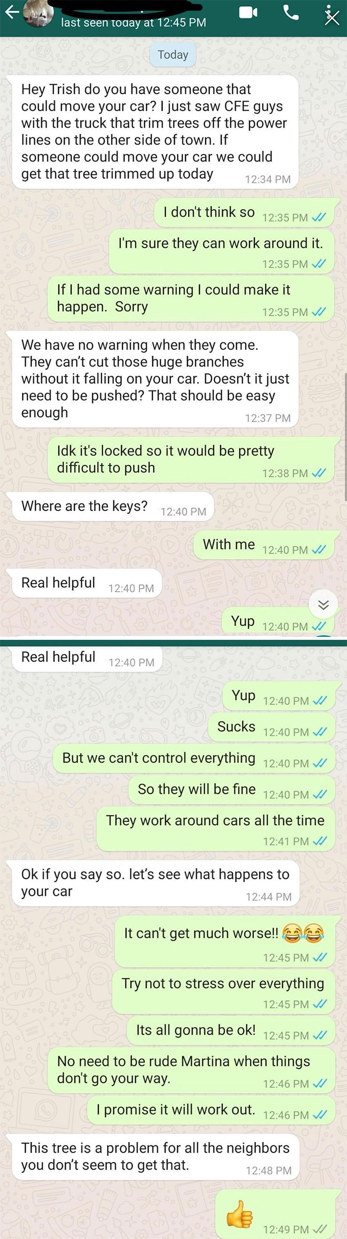 Text message exchange showing neighbors disagreeing about moving a car for tree trimming, highlighting unbearable neighbor conflicts.