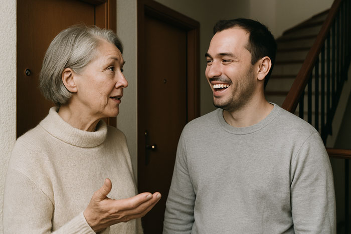 Older woman speaking to younger man in a hallway, illustrating interaction related to nosy neighbor trauma concept. Older woman speaking to younger man in a hallway, illustrating interaction related to nosy neighbor trauma concept.