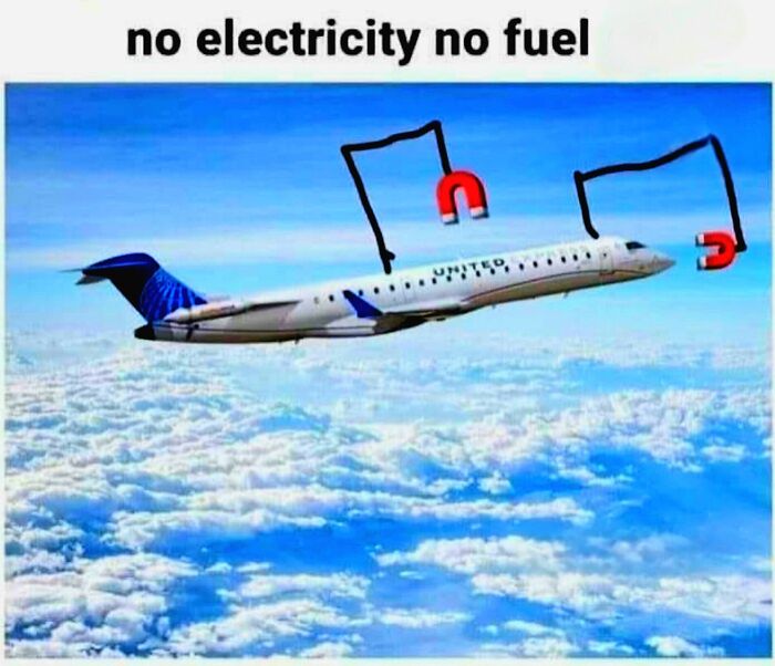 Airplane flying above clouds with magnets attached, humorously illustrating an absurd scientific take on modern society.