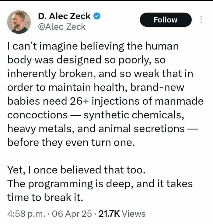 Tweet criticizing scientific beliefs about the human body and injections, highlighting absurd scientific takes in modern society.