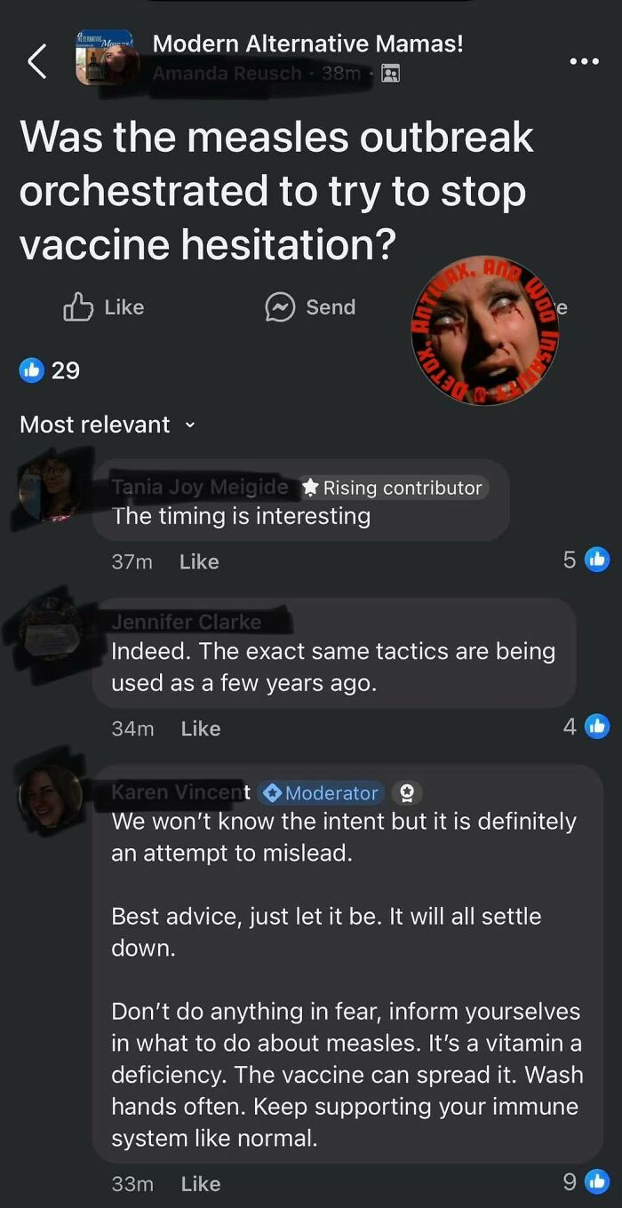 Social media discussion post questions measles outbreak motives reflecting absurd scientific takes on modern society.
