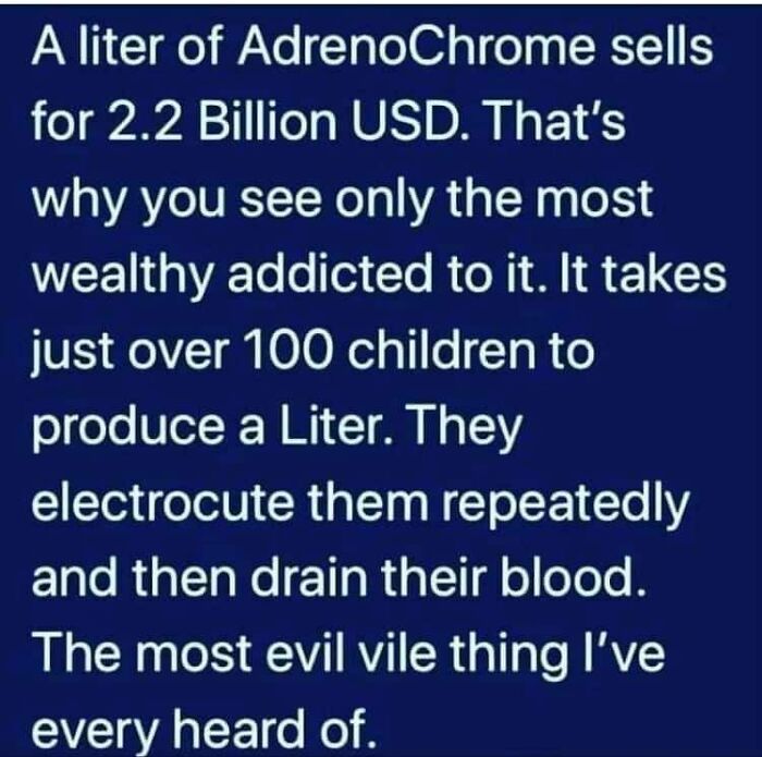 Text about the absurd scientific claim on AdrenoChrome production involving children and its high cost reflecting modern society.