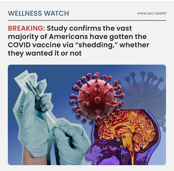 Gloved hands holding COVID vaccine syringes with a large virus and brain illustration highlighting absurd scientific takes.